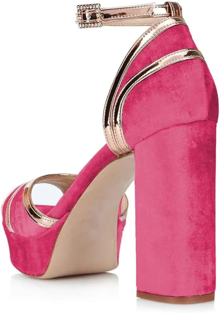 XYD Women Plated Block Heel Peep Toe Velvet Sandals Ankle Strap Platform Buckle Pumps Elegant Party Bridal Shoes