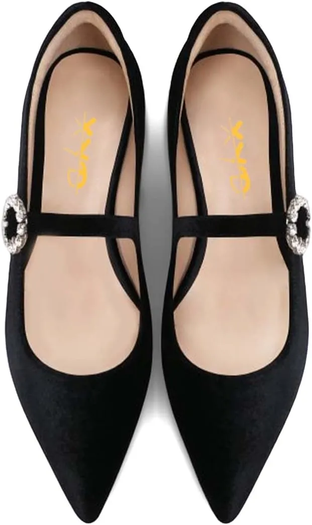 XYD Women's Velvet Pointed Toe Low Heel Flats with Rhinestone Buckle Strap Mary Jane Daily Dating Wedding Shoes