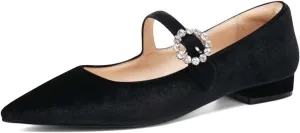 XYD Women's Velvet Pointed Toe Low Heel Flats with Rhinestone Buckle Strap Mary Jane Daily Dating Wedding Shoes