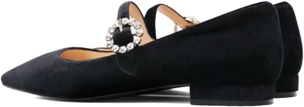 XYD Women's Velvet Pointed Toe Low Heel Flats with Rhinestone Buckle Strap Mary Jane Daily Dating Wedding Shoes