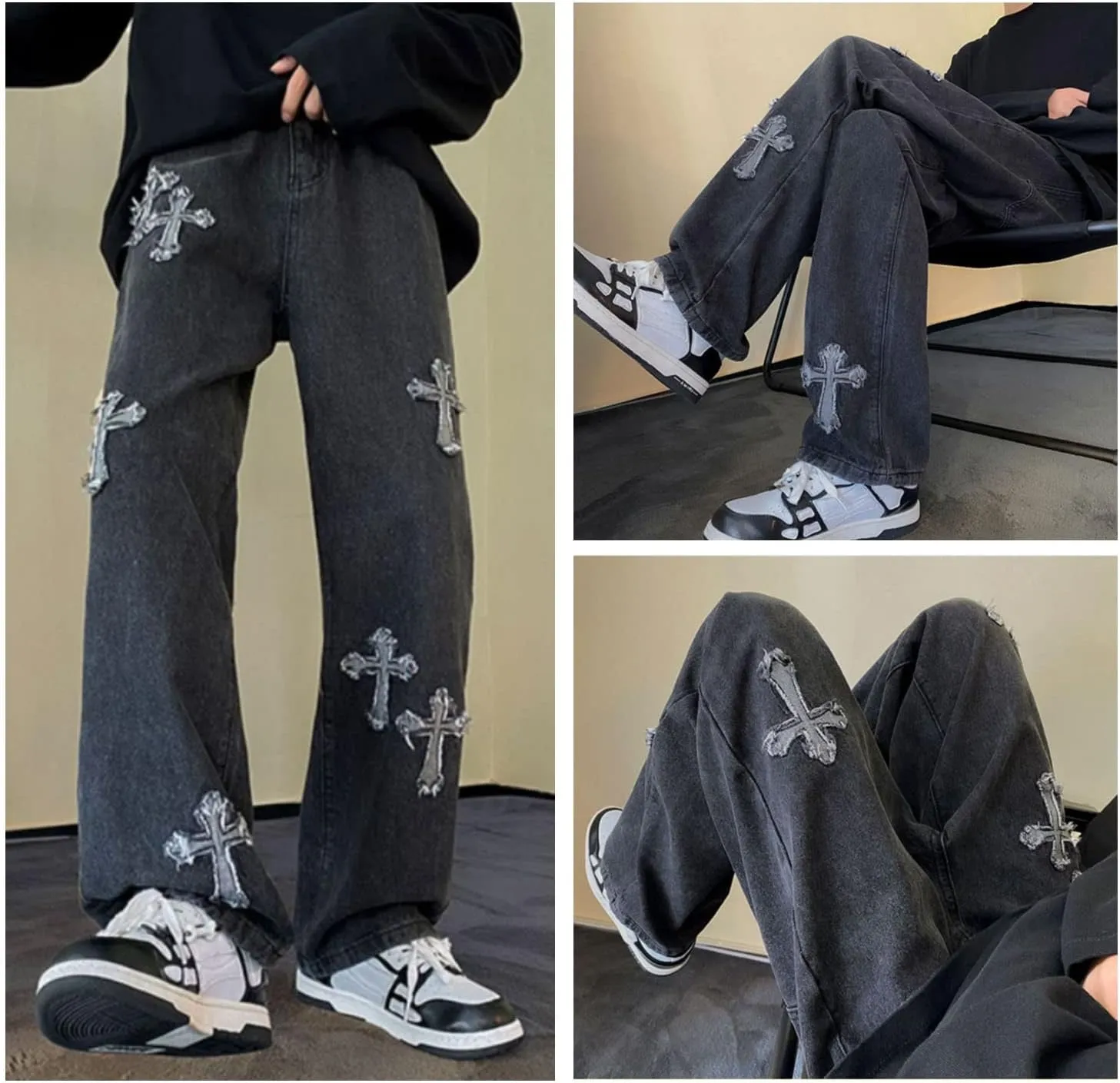 Y2K Men's Cross Jeans Lovers Hip-hop Street Fashion Retro Design Casual Loose Straight Jeans