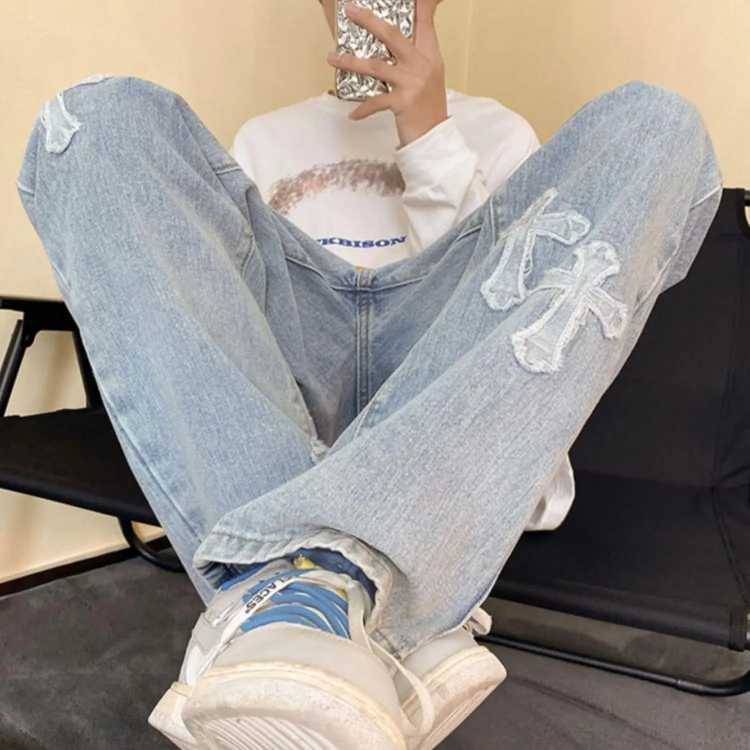 Y2K Men's Cross Jeans Lovers Hip-hop Street Fashion Retro Design Casual Loose Straight Jeans
