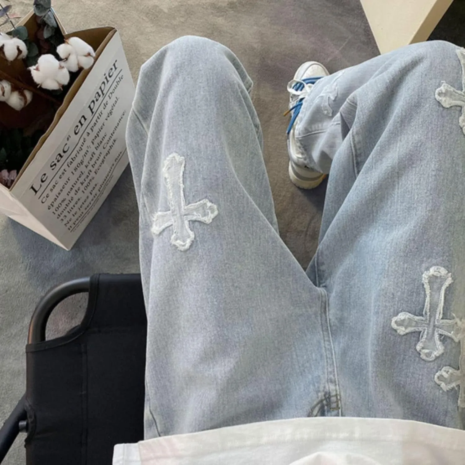 Y2K Men's Cross Jeans Lovers Hip-hop Street Fashion Retro Design Casual Loose Straight Jeans
