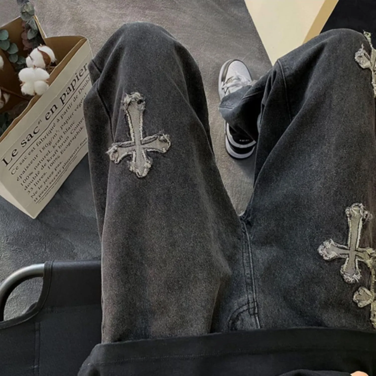 Y2K Men's Cross Jeans Lovers Hip-hop Street Fashion Retro Design Casual Loose Straight Jeans
