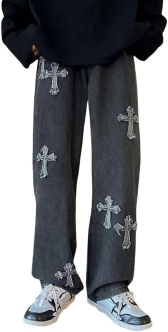 Y2K Men's Cross Jeans Lovers Hip-hop Street Fashion Retro Design Casual Loose Straight Jeans