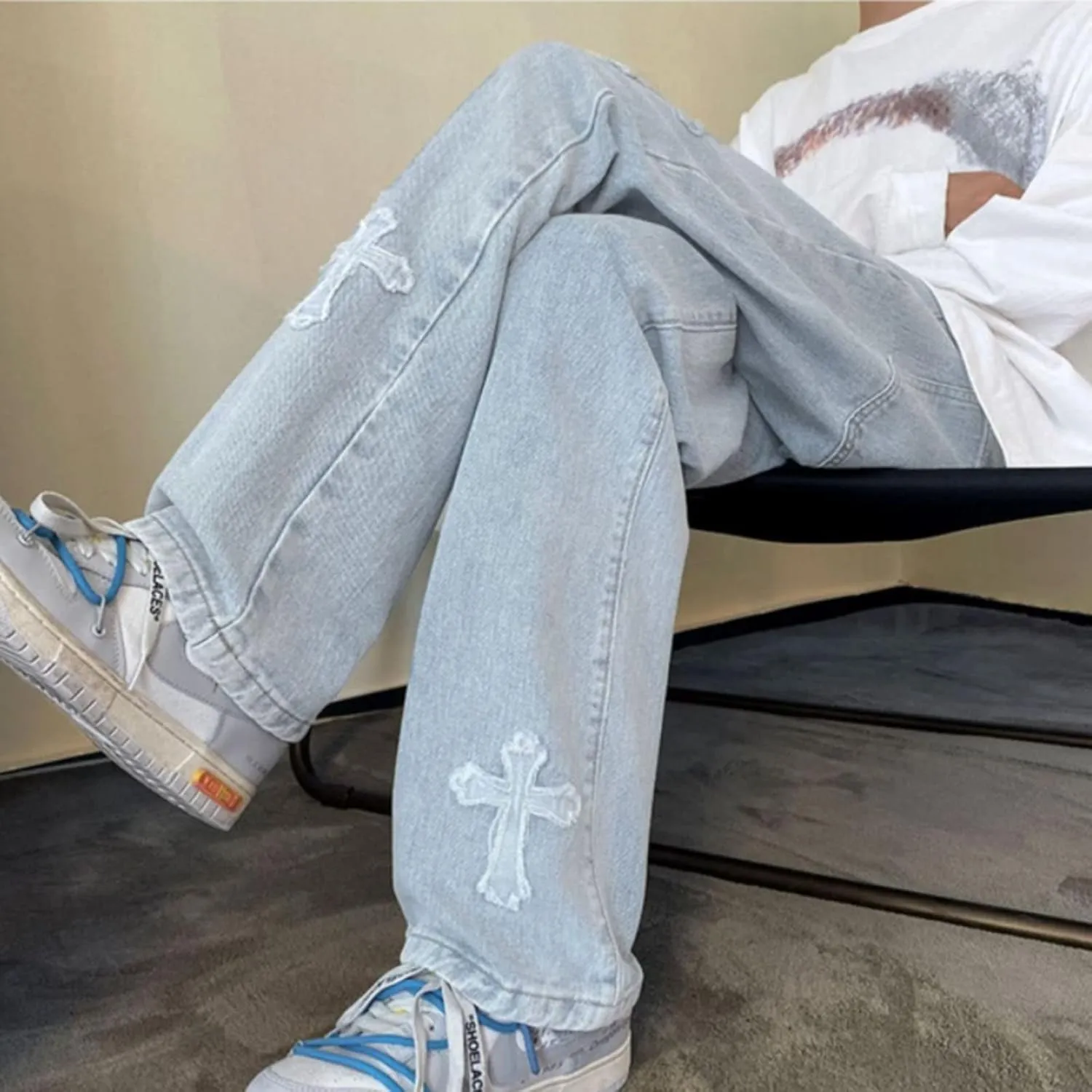 Y2K Men's Cross Jeans Lovers Hip-hop Street Fashion Retro Design Casual Loose Straight Jeans