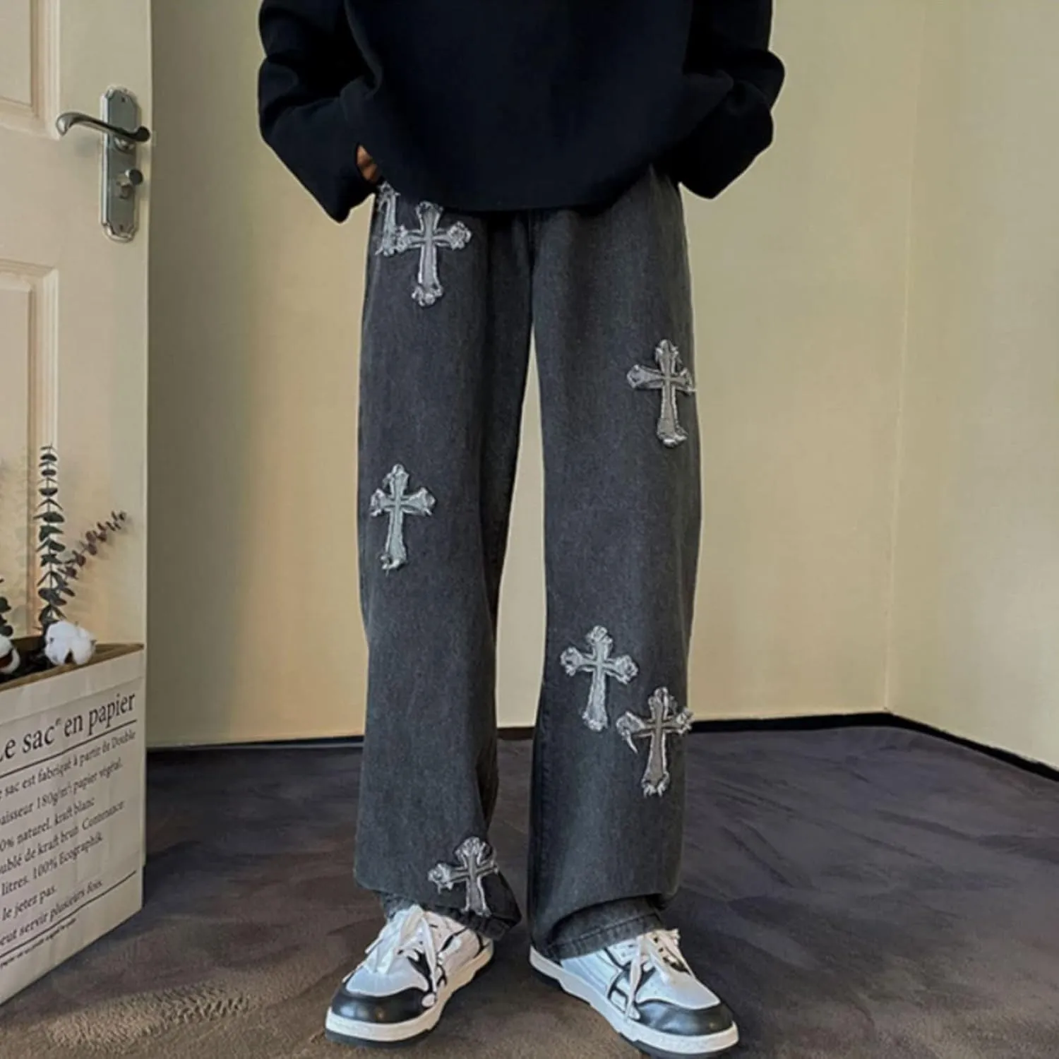Y2K Men's Cross Jeans Lovers Hip-hop Street Fashion Retro Design Casual Loose Straight Jeans