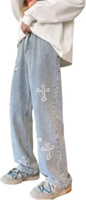 Y2K Men's Cross Jeans Lovers Hip-hop Street Fashion Retro Design Casual Loose Straight Jeans