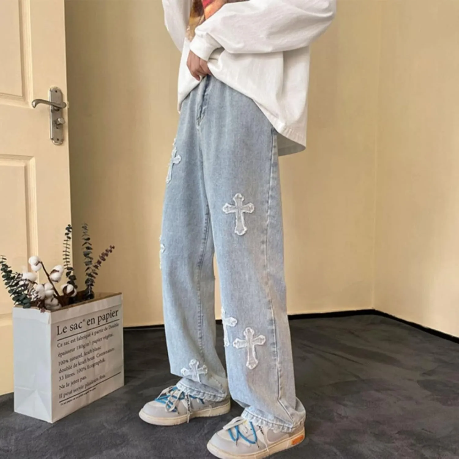 Y2K Men's Cross Jeans Lovers Hip-hop Street Fashion Retro Design Casual Loose Straight Jeans