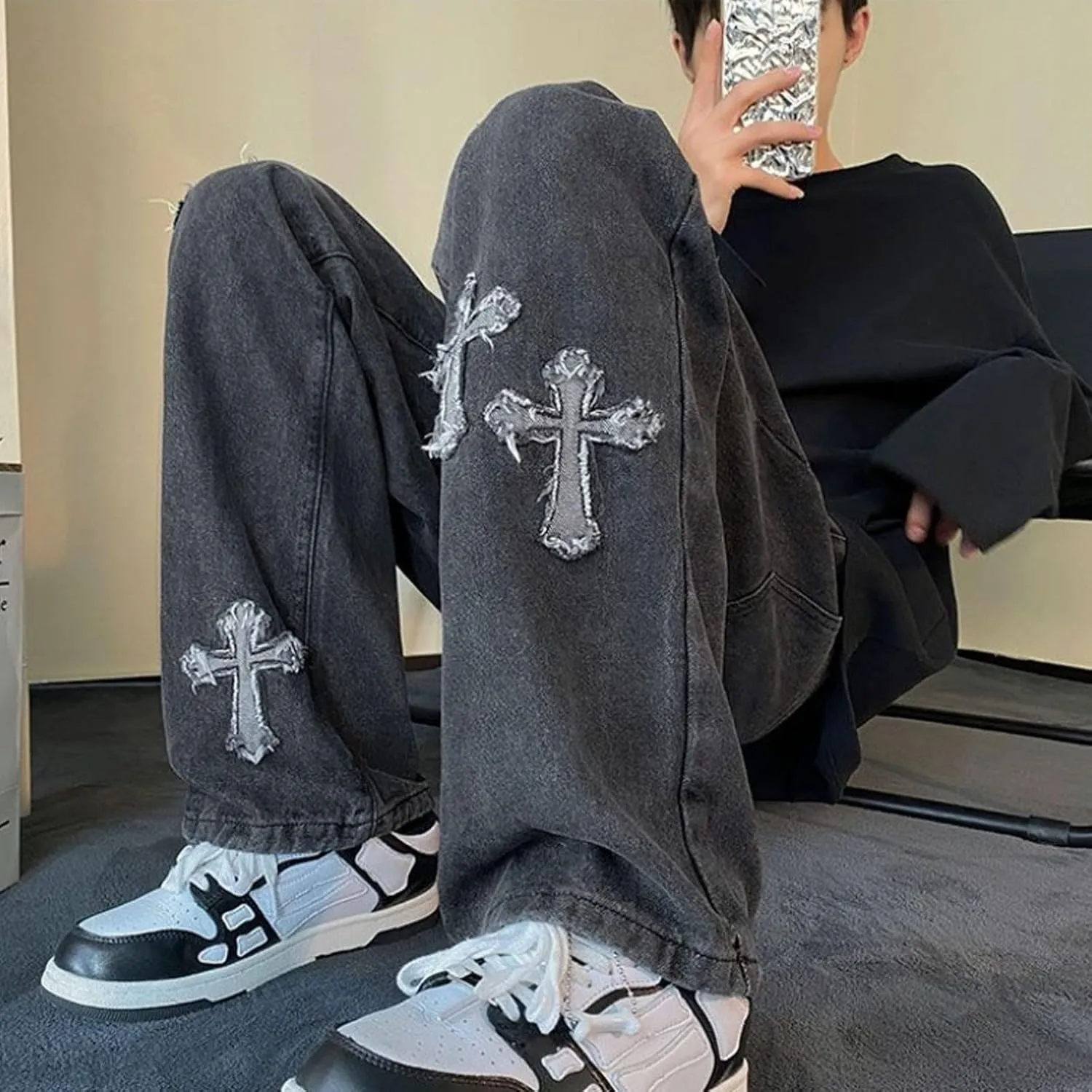 Y2K Men's Cross Jeans Lovers Hip-hop Street Fashion Retro Design Casual Loose Straight Jeans