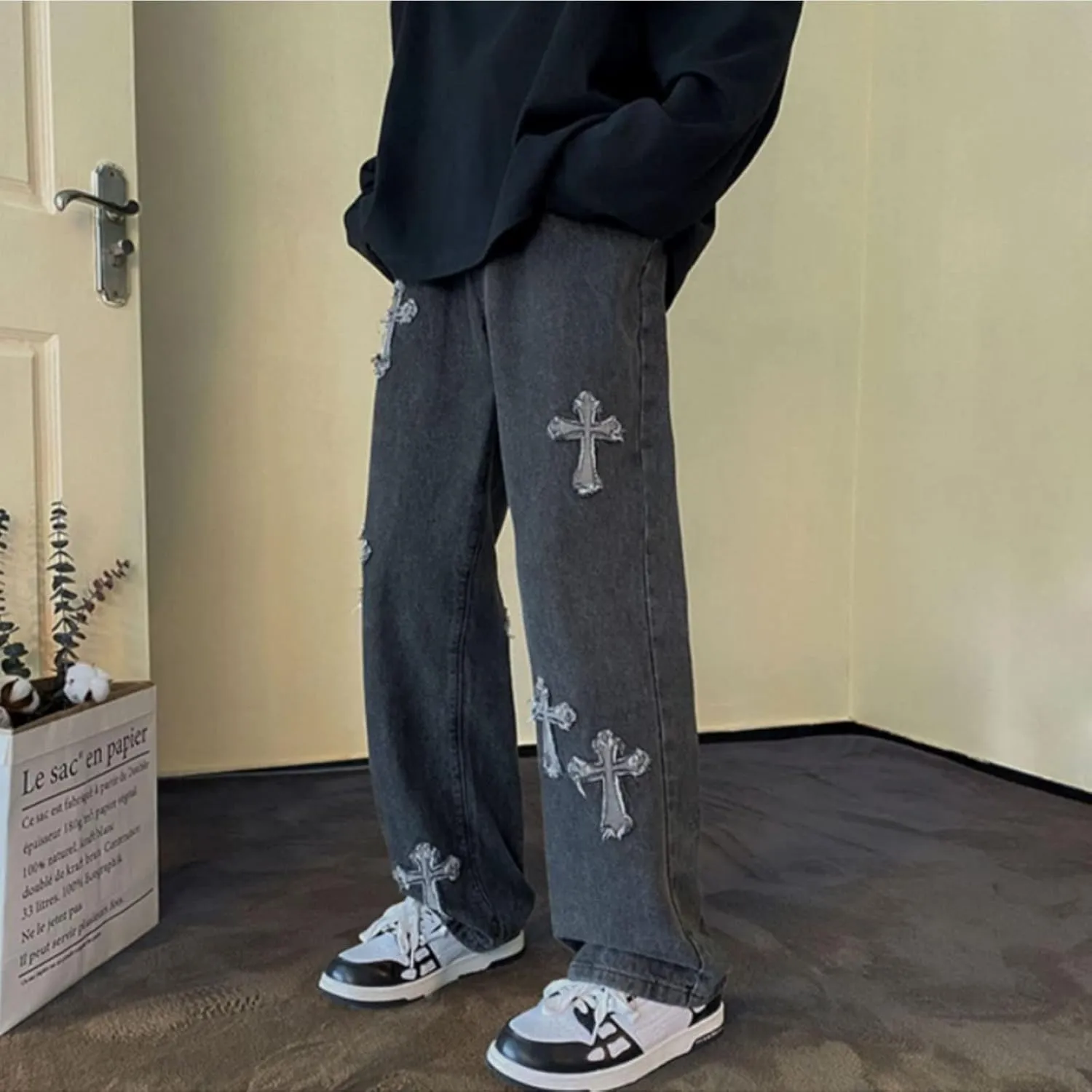 Y2K Men's Cross Jeans Lovers Hip-hop Street Fashion Retro Design Casual Loose Straight Jeans
