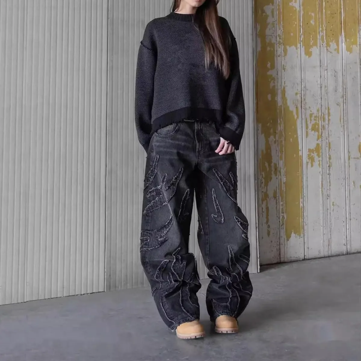 Y2K Men's Street Retro Hip-hop Flame Splicing Wide Leg Gothic Loose Jeans