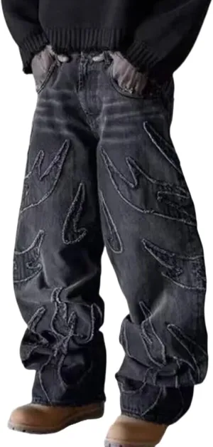 Y2K Men's Street Retro Hip-hop Flame Splicing Wide Leg Gothic Loose Jeans