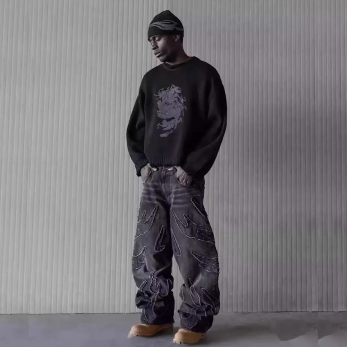 Y2K Men's Street Retro Hip-hop Flame Splicing Wide Leg Gothic Loose Jeans