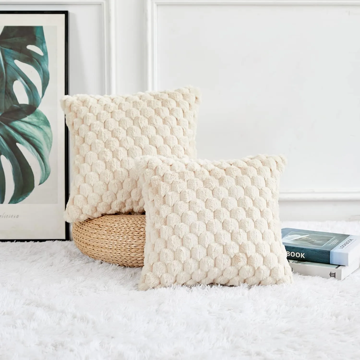 Yaertun Pack of 2 Super Soft Cozy Decorative Throw Pillow Covers Fuzzy Plush Faux Fur Luxury Cushion Cover Pillowcase for Sofa Couch Bed Livingroom 16x16 Inch Beige