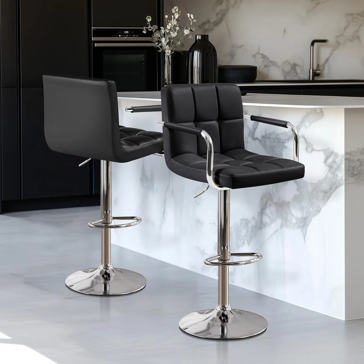 Yaheetech Bar Stools Set of 2, PU Leather Adjustable Swivel Barstools, Hydraulic Kitchen Counter Height Bar Chairs with Armrest and Back for Kitchen, Dining Room, Black