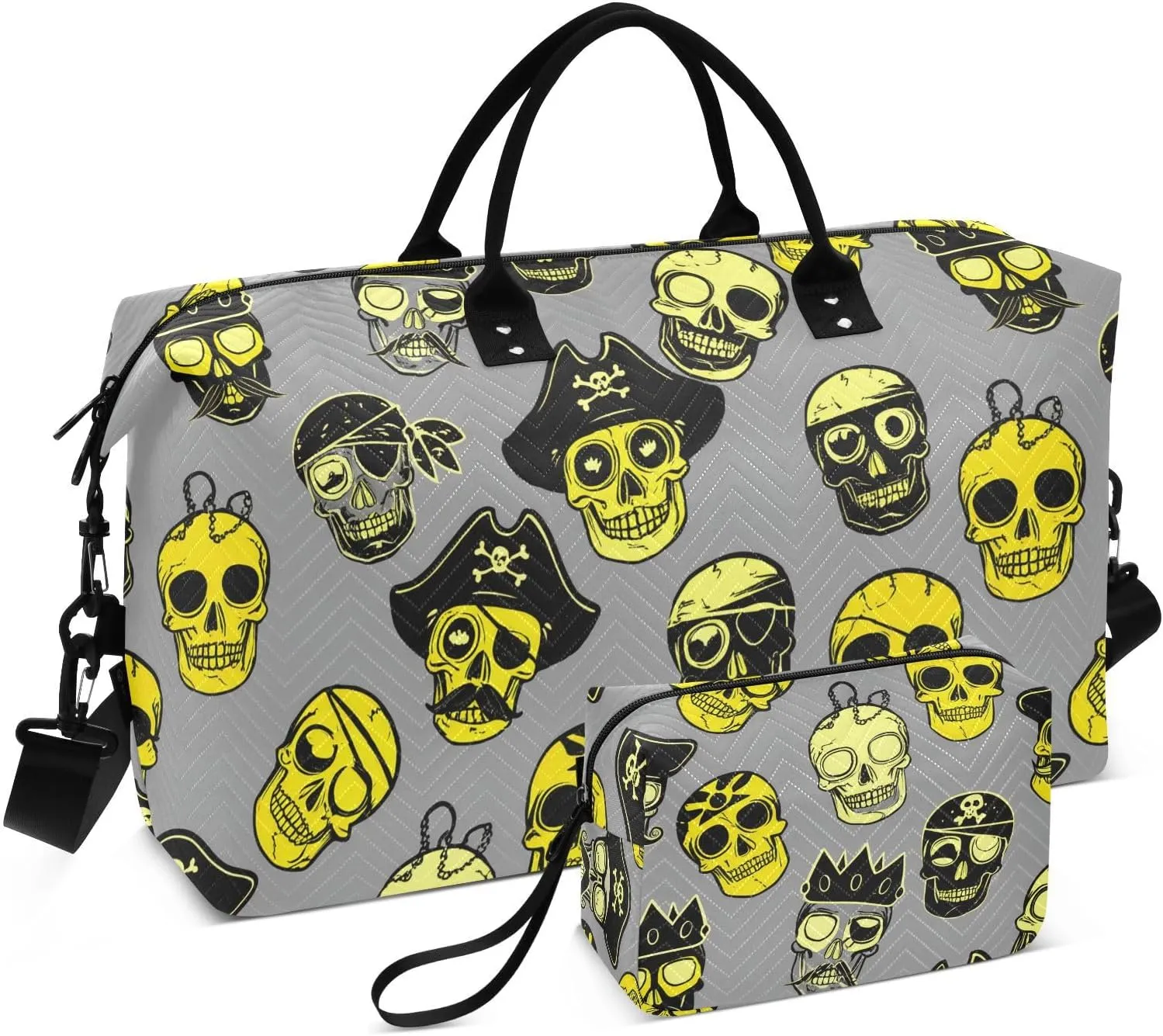 Yellow Pirate Skull Head Sports Gym Bag for Women Men Travel Duffel Bag Weekend Overnight Carry on Bag with Toiletry Bag Training Handbag for Yoga Workout Swimming Hospital Plane