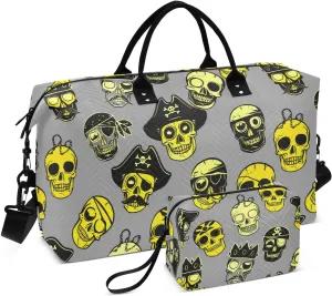 Yellow Pirate Skull Head Sports Gym Bag for Women Men Travel Duffel Bag Weekend Overnight Carry on Bag with Toiletry Bag Training Handbag for Yoga Workout Swimming Hospital Plane