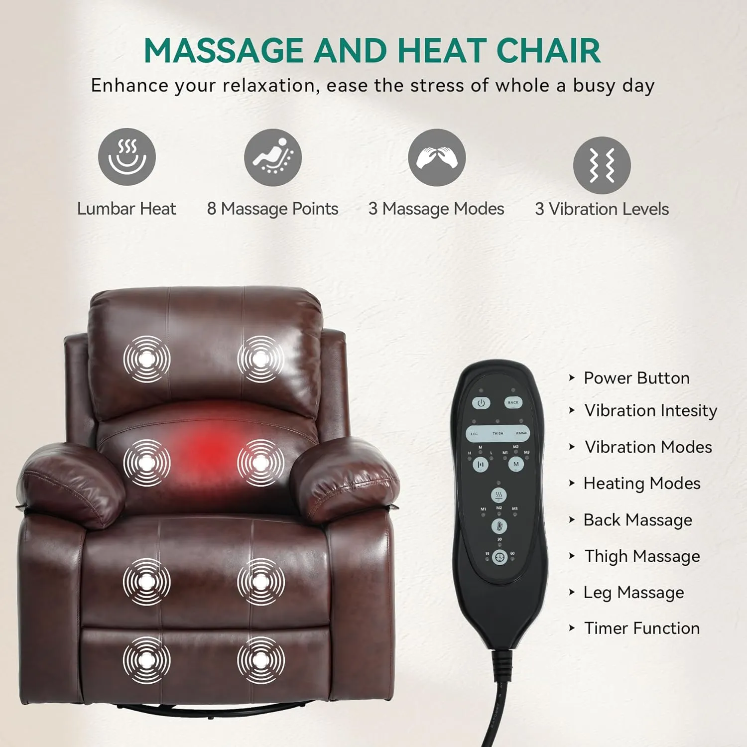 YITAHOME Oversized Rocker Recliner Chair: Manual Reclining Lazy Boy Chair with Heat & Massage, Overstuffed Armrest, Rocking Function, Faux Leather Recliner for Living Room with Side Pocket Brown