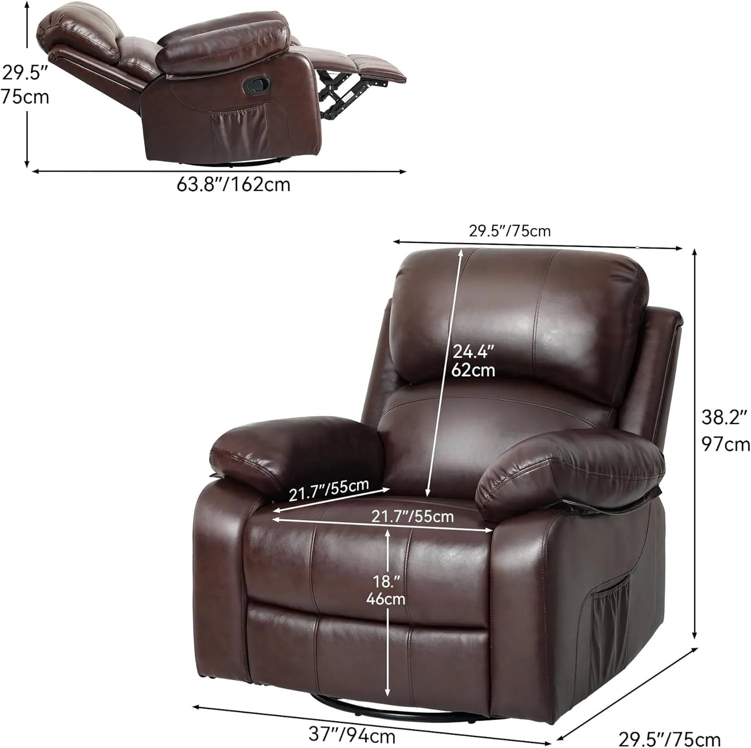 YITAHOME Oversized Rocker Recliner Chair: Manual Reclining Lazy Boy Chair with Heat & Massage, Overstuffed Armrest, Rocking Function, Faux Leather Recliner for Living Room with Side Pocket Brown