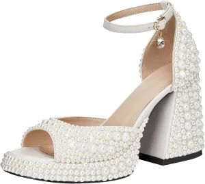 YIYA Women's Platform Full Pearl Heels for Women Open Square Toe Rhinestone Chunky Block Heels Ankle Strap Bride Wedding Party Sandals Evening Dress Shoes