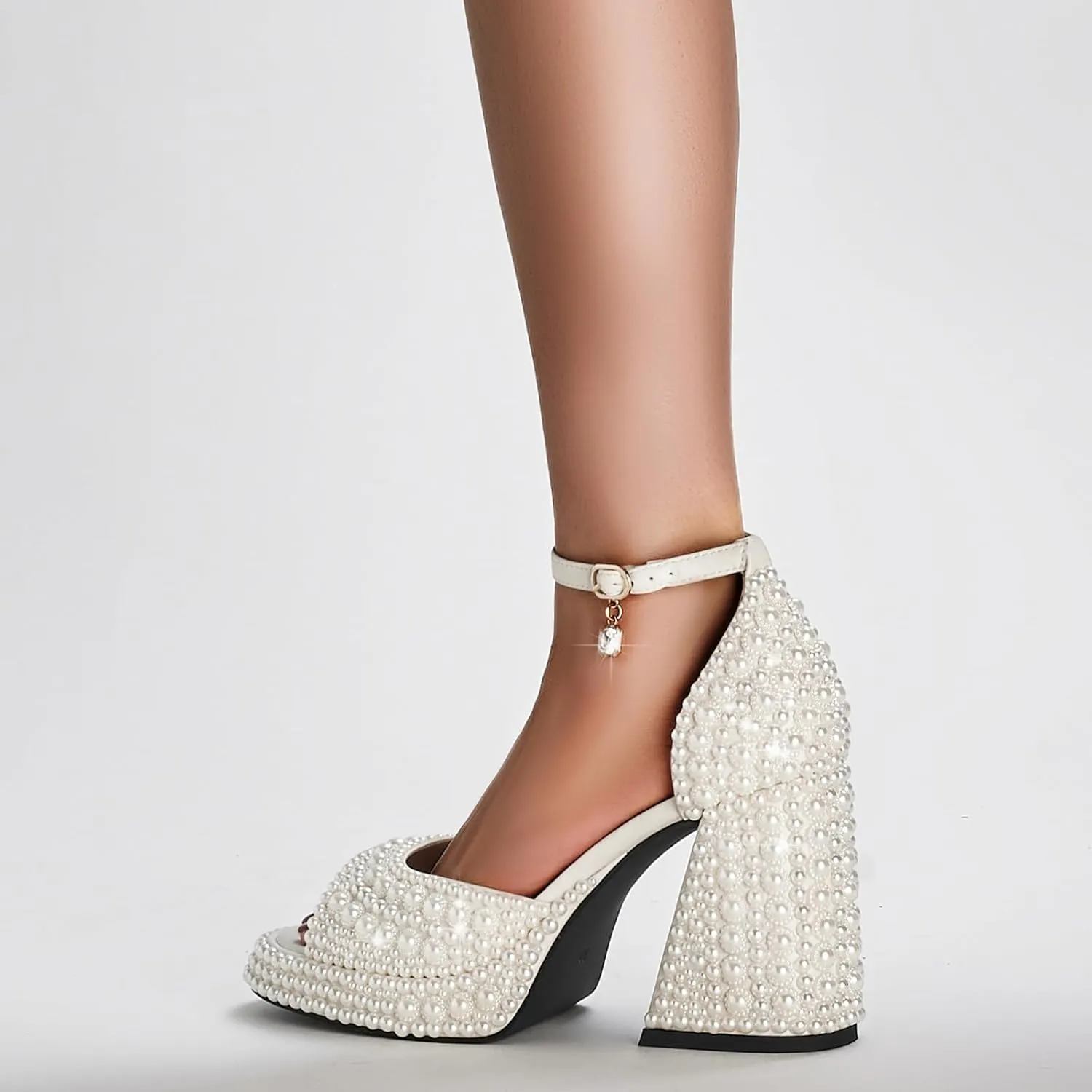 YIYA Women's Platform Full Pearl Heels for Women Open Square Toe Rhinestone Chunky Block Heels Ankle Strap Bride Wedding Party Sandals Evening Dress Shoes