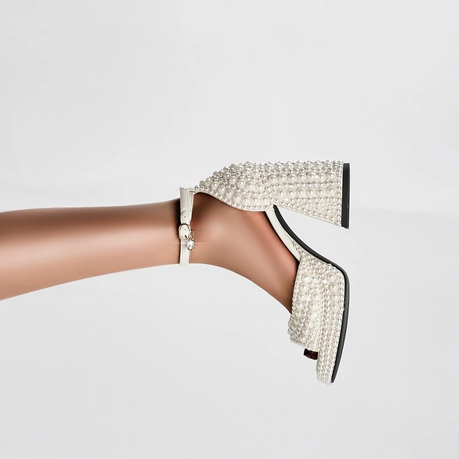 YIYA Women's Platform Full Pearl Heels for Women Open Square Toe Rhinestone Chunky Block Heels Ankle Strap Bride Wedding Party Sandals Evening Dress Shoes