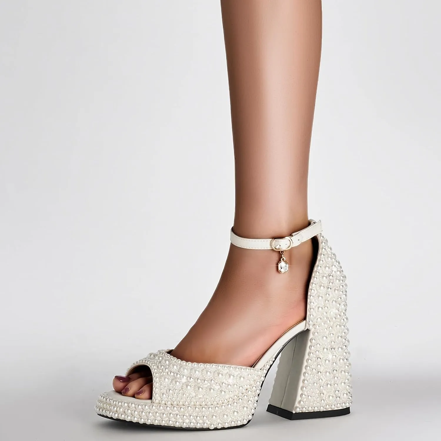 YIYA Women's Platform Full Pearl Heels for Women Open Square Toe Rhinestone Chunky Block Heels Ankle Strap Bride Wedding Party Sandals Evening Dress Shoes