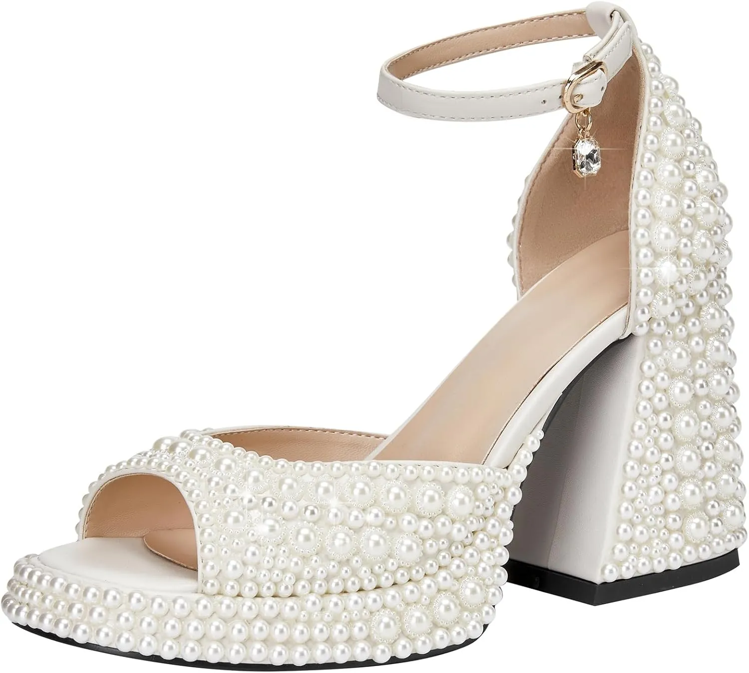 YIYA Women's Platform Full Pearl Heels for Women Open Square Toe Rhinestone Chunky Block Heels Ankle Strap Bride Wedding Party Sandals Evening Dress Shoes