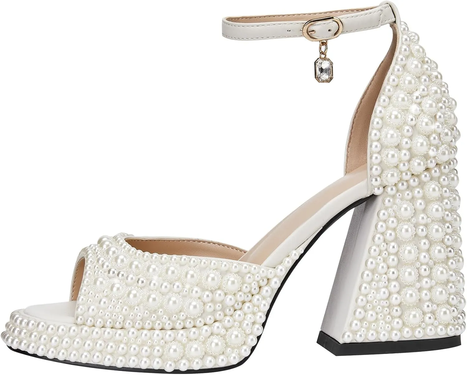 YIYA Women's Platform Full Pearl Heels for Women Open Square Toe Rhinestone Chunky Block Heels Ankle Strap Bride Wedding Party Sandals Evening Dress Shoes