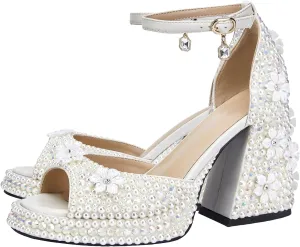 YIYA Women's Platform Full Pearl Heels for Women with Flower Open Square Toe Rhinestone Chunky Block Heels Ankle Strap Bride Wedding Party Sandals Evening Dress Shoes