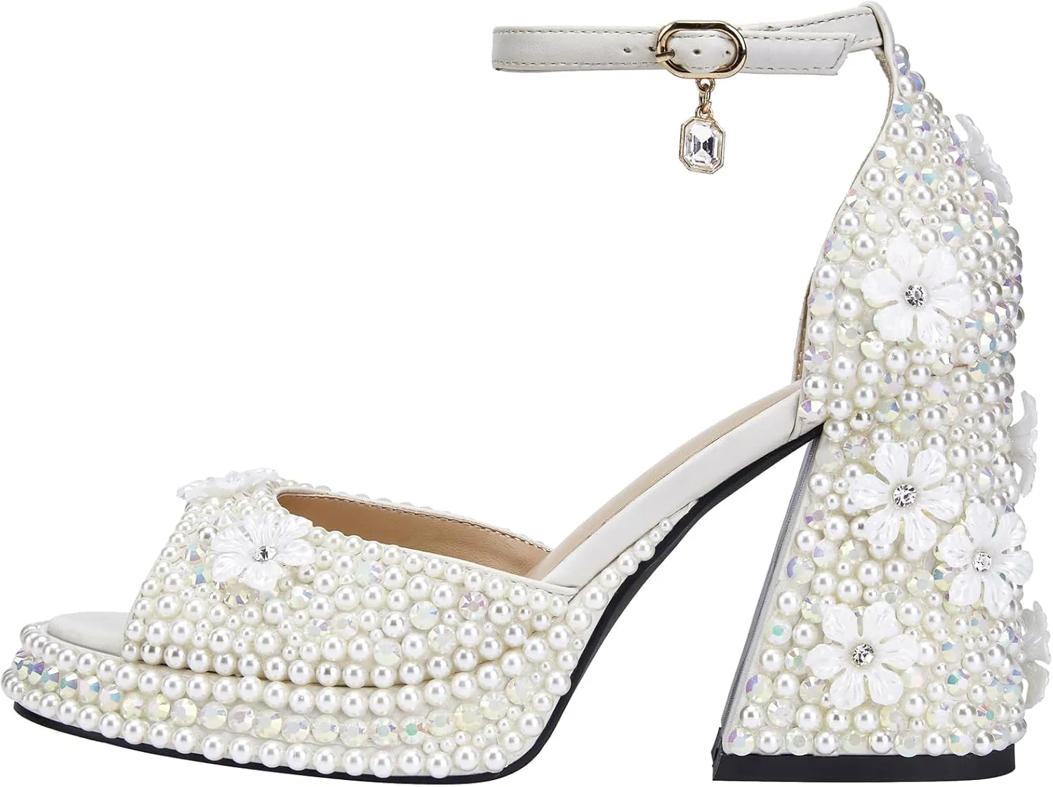 YIYA Women's Platform Full Pearl Heels for Women with Flower Open Square Toe Rhinestone Chunky Block Heels Ankle Strap Bride Wedding Party Sandals Evening Dress Shoes