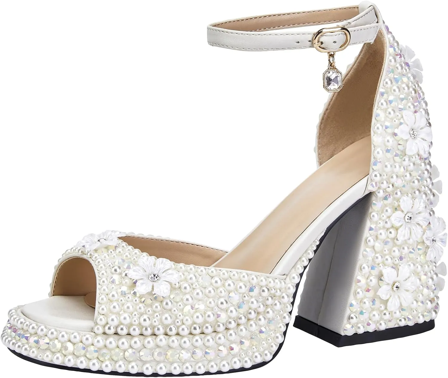YIYA Women's Platform Full Pearl Heels for Women with Flower Open Square Toe Rhinestone Chunky Block Heels Ankle Strap Bride Wedding Party Sandals Evening Dress Shoes