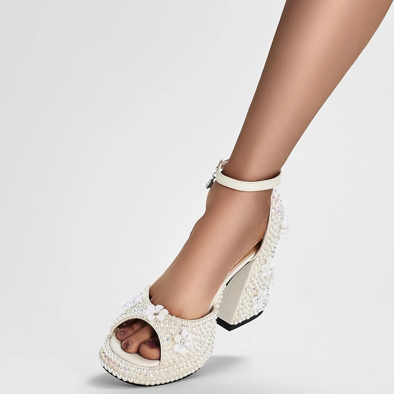 YIYA Women's Platform Full Pearl Heels for Women with Flower Open Square Toe Rhinestone Chunky Block Heels Ankle Strap Bride Wedding Party Sandals Evening Dress Shoes