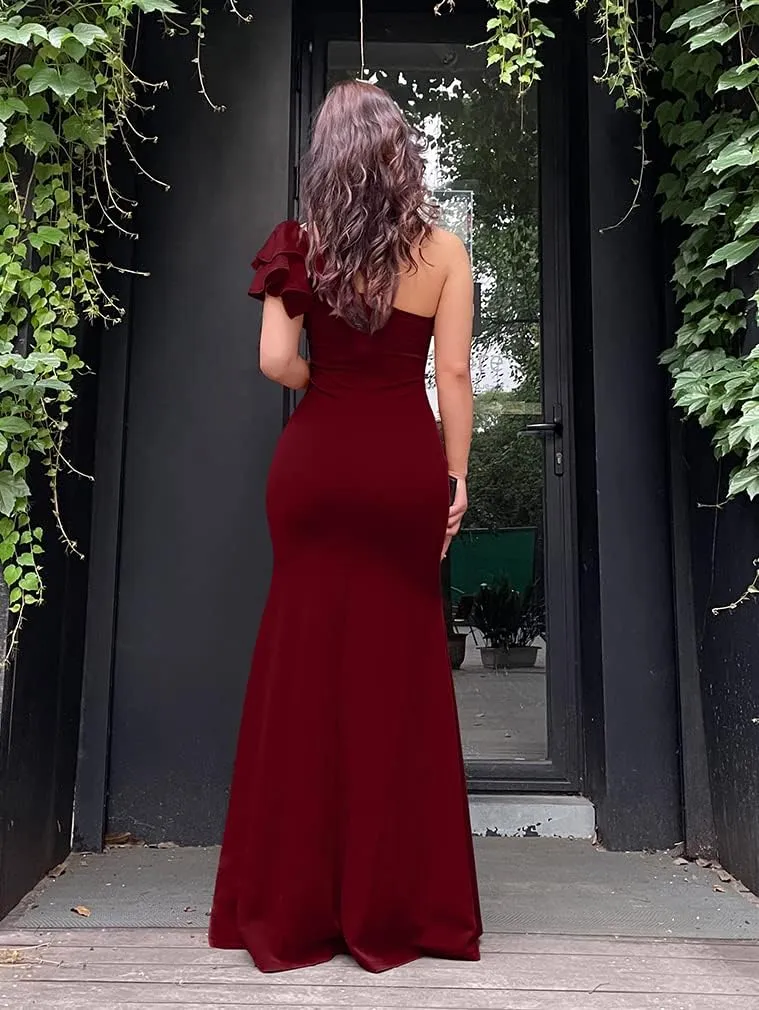 YMDUCH Women's Sexy Sleeveless One Shoulder Ruffle High Split Party Evening Long Formal Dress