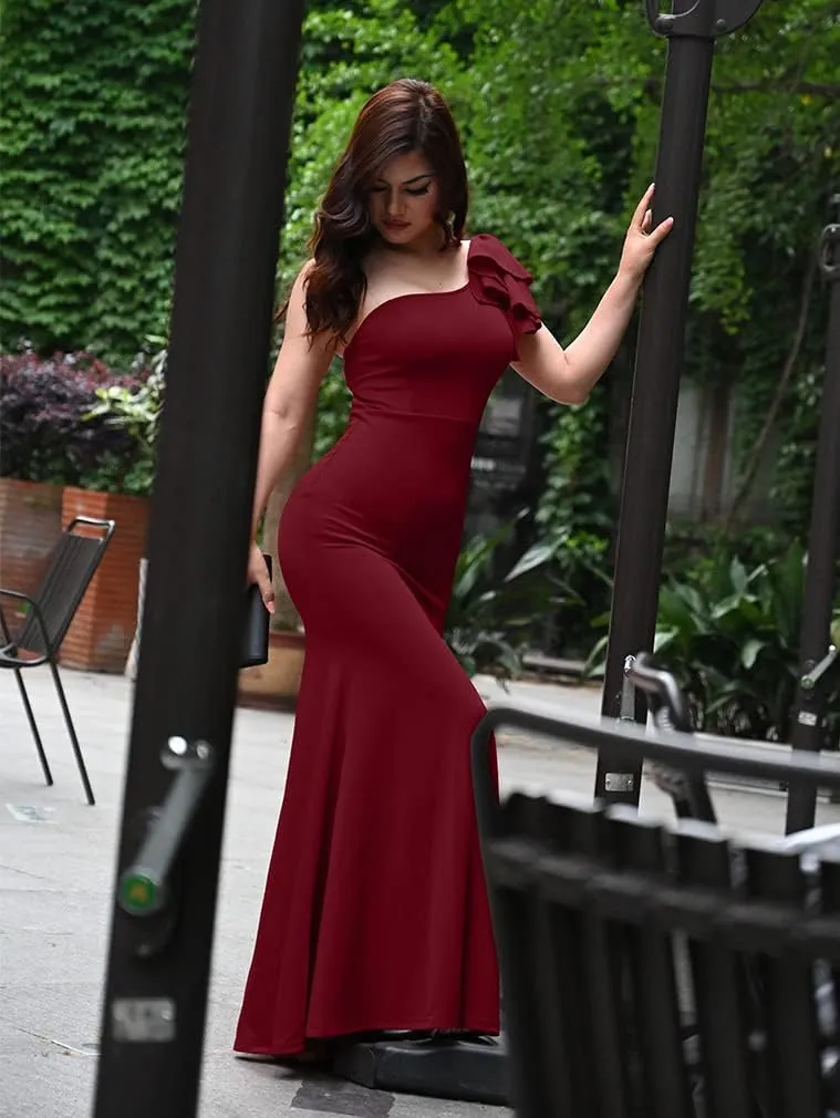 YMDUCH Women's Sexy Sleeveless One Shoulder Ruffle High Split Party Evening Long Formal Dress
