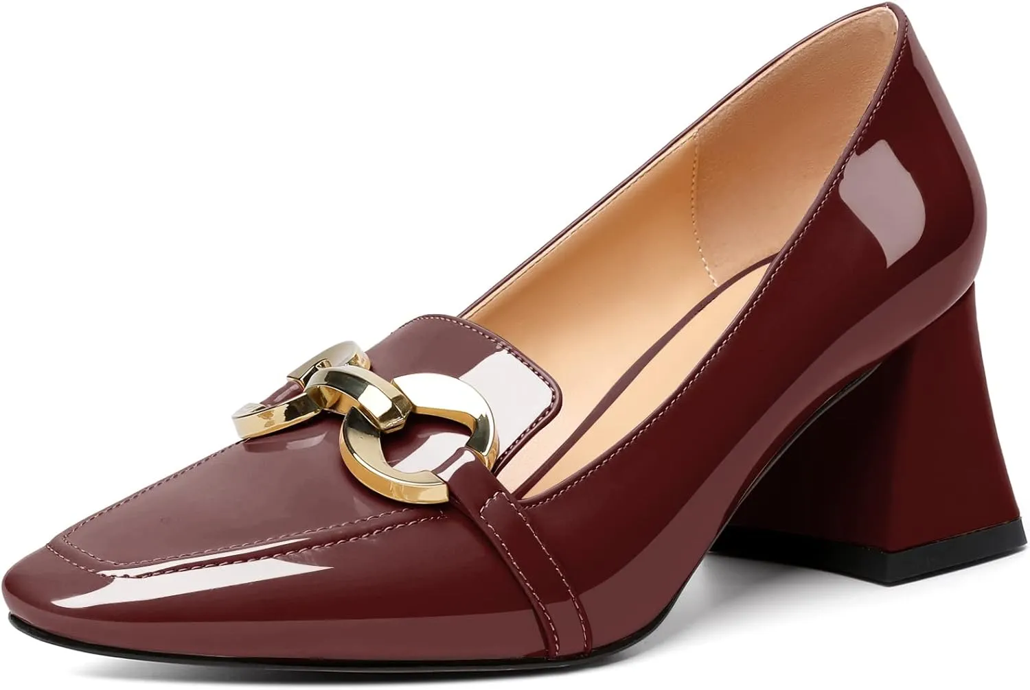 YODEKS Women Low Block Chunky Heel Pumps Square Toe Elegant Slip On 2.5 Inch Closed Toe Chain Buckle Comfort Shoes for Wedding Office Evening