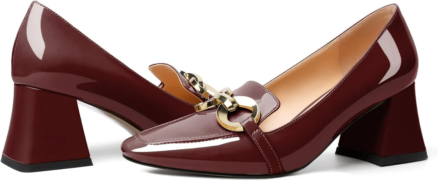YODEKS Women Low Block Chunky Heel Pumps Square Toe Elegant Slip On 2.5 Inch Closed Toe Chain Buckle Comfort Shoes for Wedding Office Evening