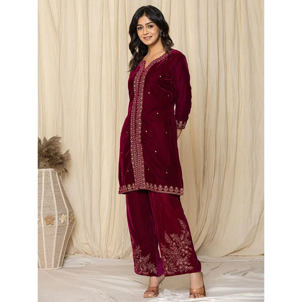 Yufta Marron Velvet Kurta and Palazzo (Set of 2)