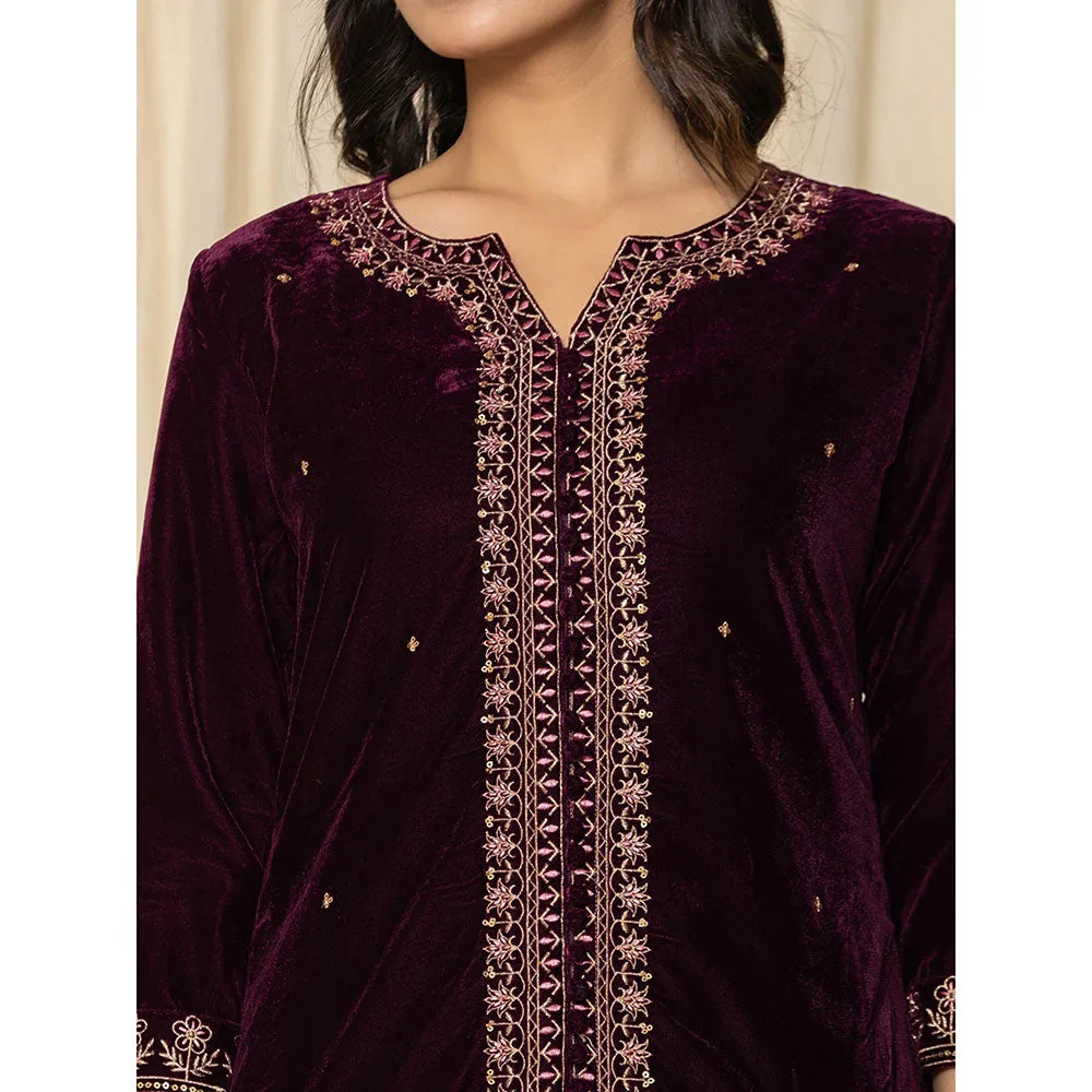 Yufta Purple Zari Work Velvet Kurta and Palazzo (Set of 2)