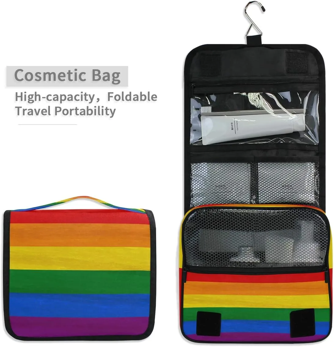 YVONAU Hanging Toiletry Bag Rainbow Pride Flag Stripe Portable Travel Cosmetic Makeup Bag Bathroom Shower Shaving Kit Organizer Bag for Men Women
