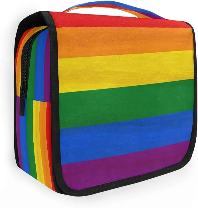 YVONAU Hanging Toiletry Bag Rainbow Pride Flag Stripe Portable Travel Cosmetic Makeup Bag Bathroom Shower Shaving Kit Organizer Bag for Men Women