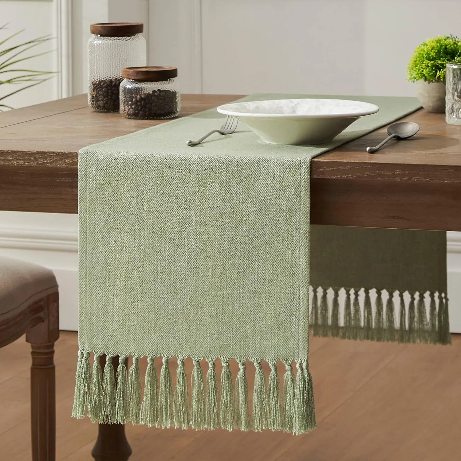 ZeeMart Linen Blend Table Runner, Sage Green 13x108 Inch, Farmhouse Burlap Linen Style Rustic Sage Green Table Runners 108 Inches Long