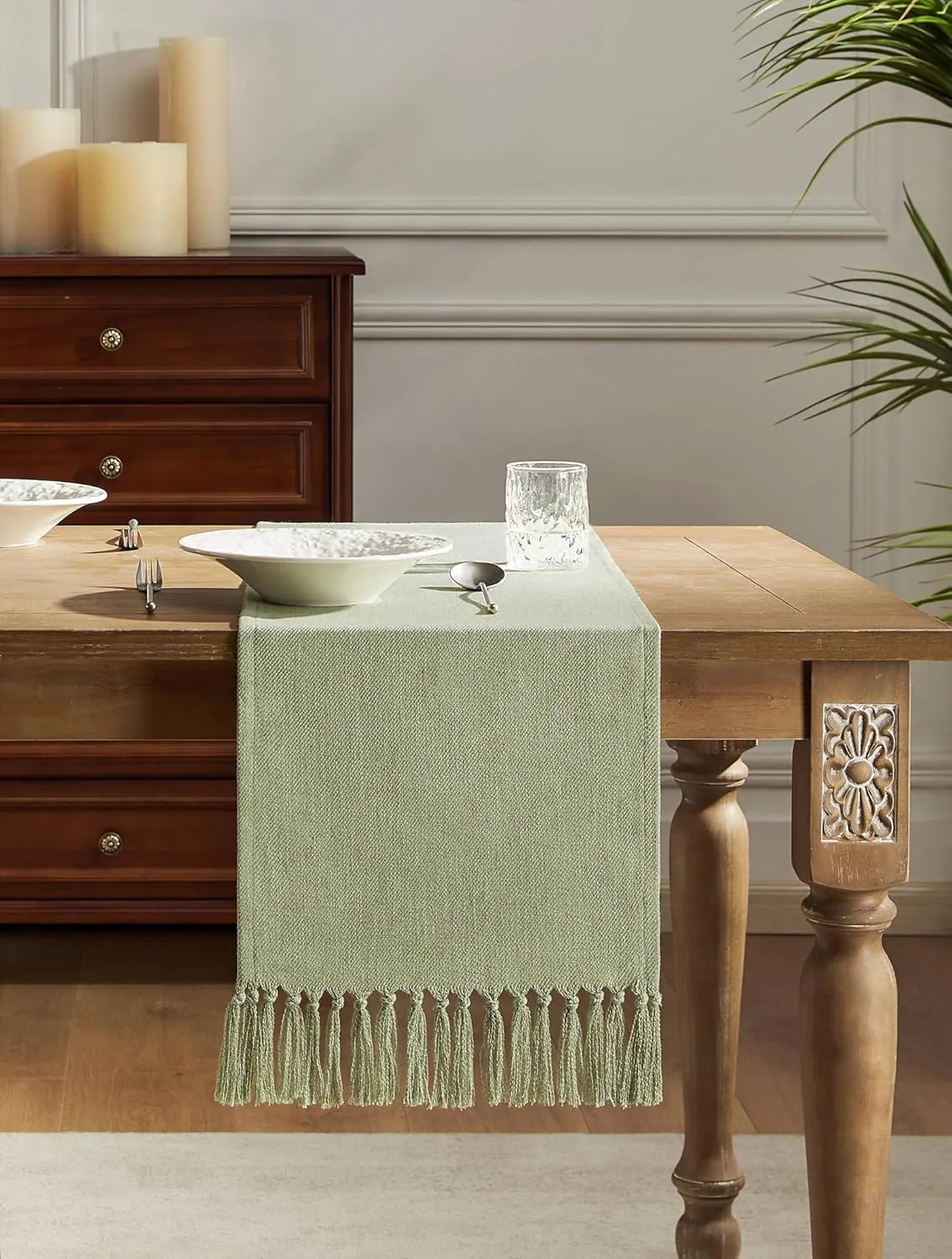 ZeeMart Linen Blend Table Runner, Sage Green 13x108 Inch, Farmhouse Burlap Linen Style Rustic Sage Green Table Runners 108 Inches Long