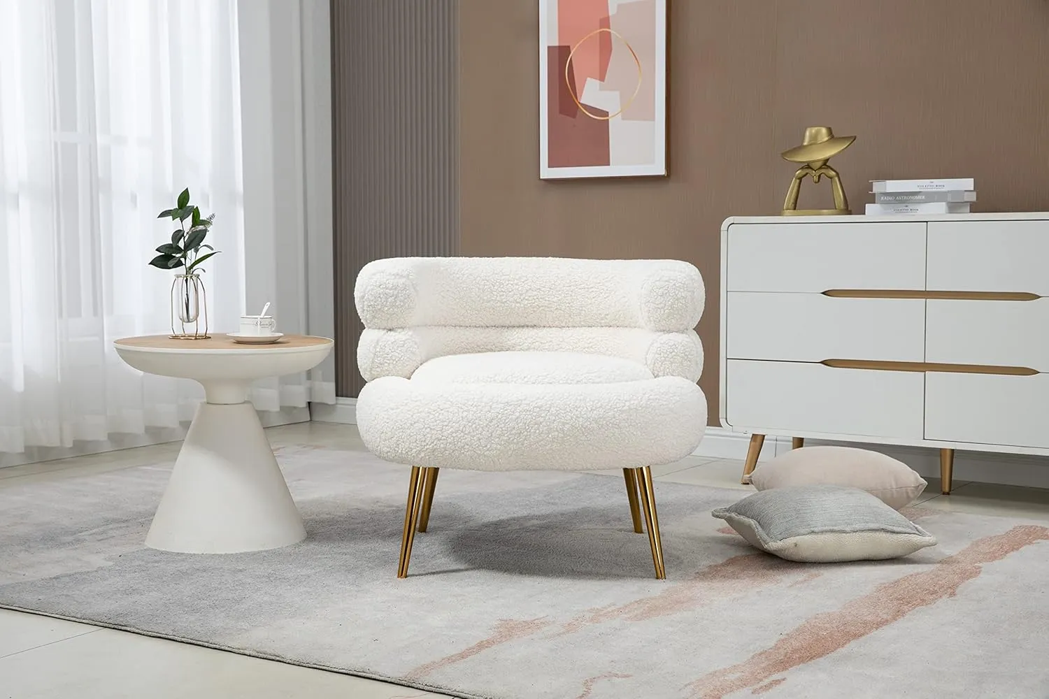ZOBIDO Modern Accent Lambhair Chairs Comfy Upholstered Vanity Chairs for Bedroom Armchair Dining Chairs with Golden Metal Legs Desk Chair Single Person sofafor Living Room(White)