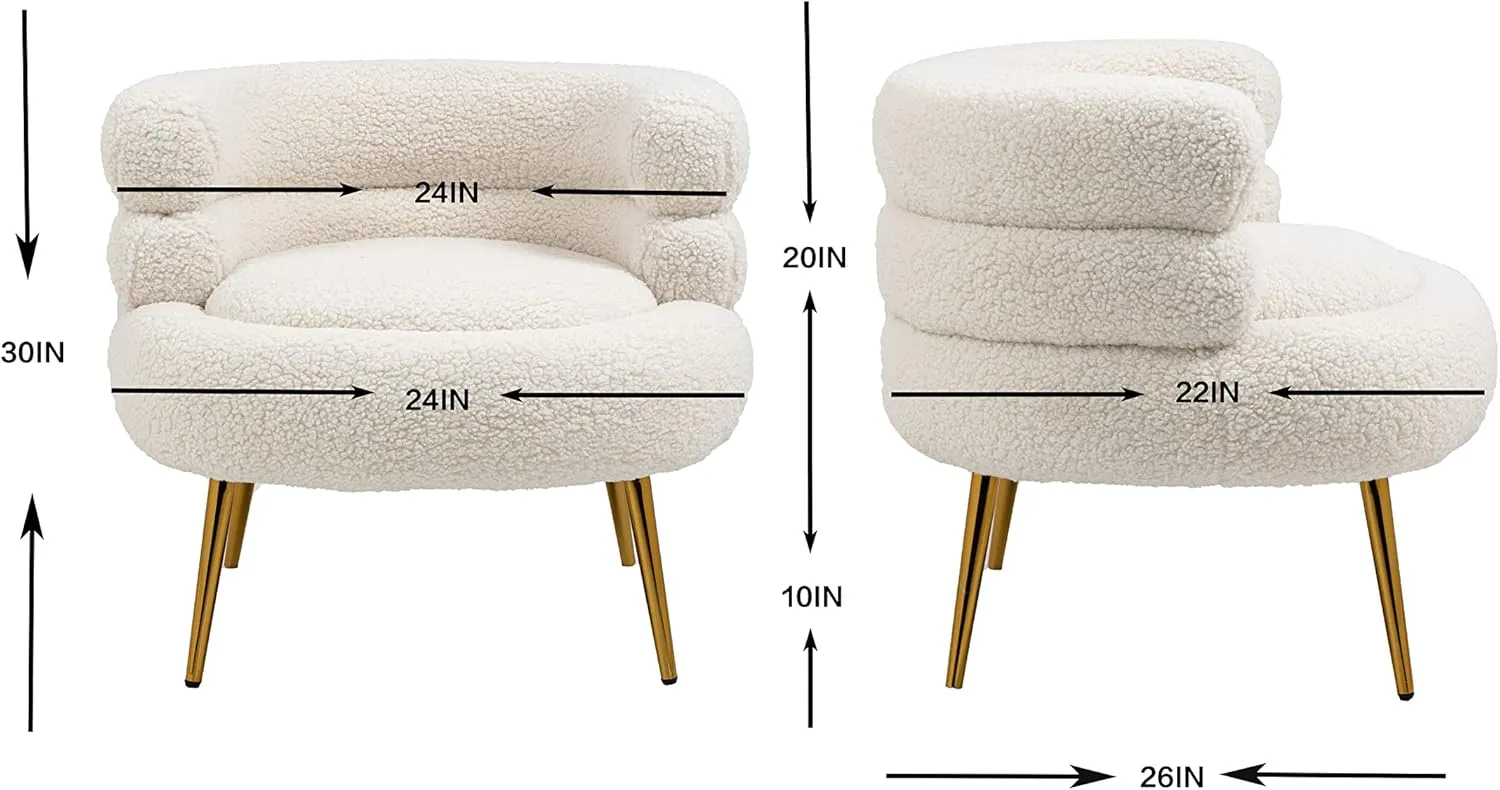 ZOBIDO Modern Accent Lambhair Chairs Comfy Upholstered Vanity Chairs for Bedroom Armchair Dining Chairs with Golden Metal Legs Desk Chair Single Person sofafor Living Room(White)