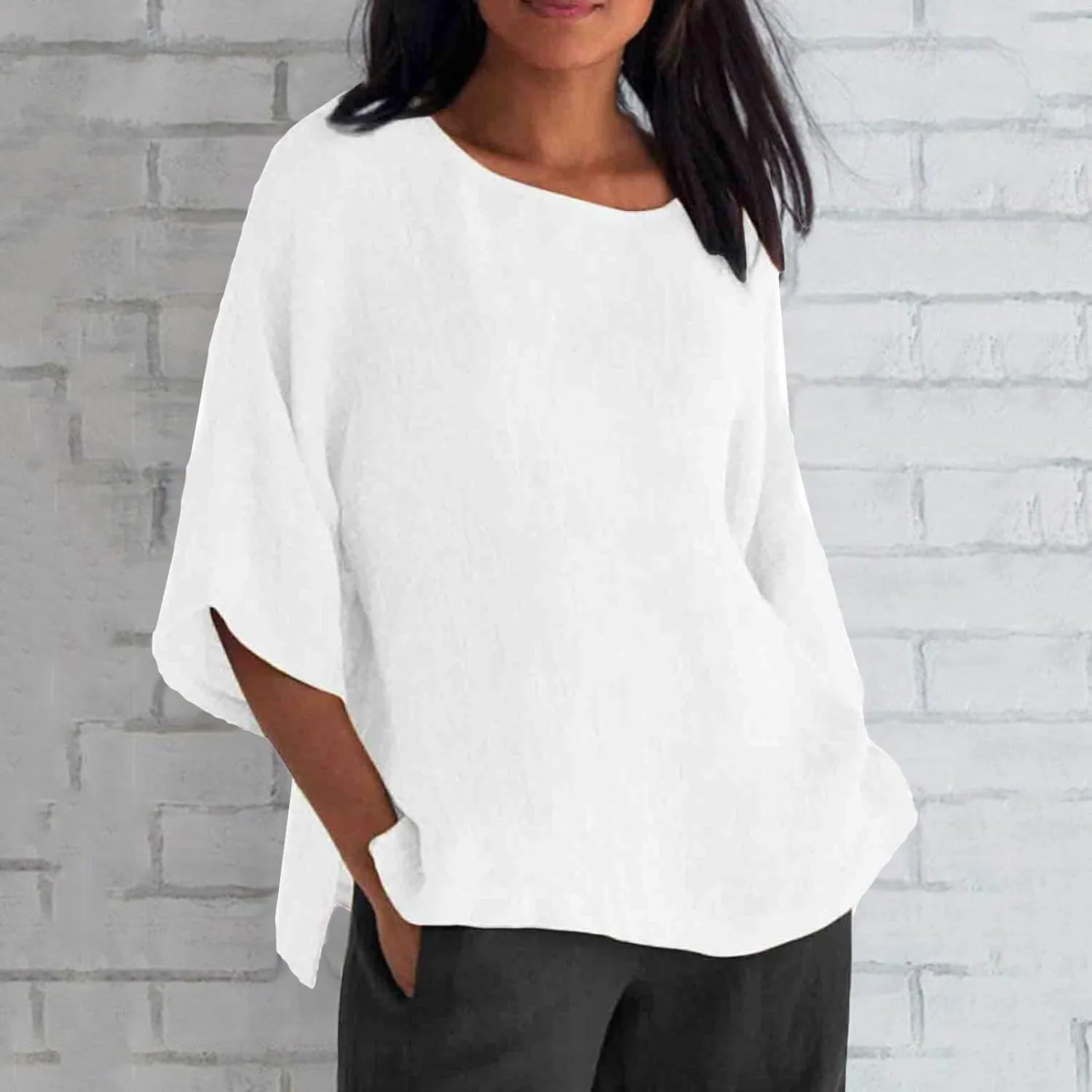 ZOCAVIA Women's Plus Size Casual Loose Cotton Linen 3/4 Sleeve Shirts Blouses 2024 Spring Summer Lightweight Solid Tunic Tops