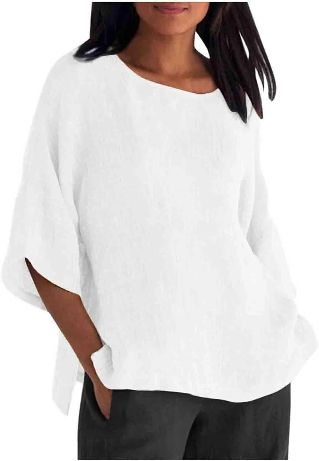 ZOCAVIA Women's Plus Size Casual Loose Cotton Linen 3/4 Sleeve Shirts Blouses 2024 Spring Summer Lightweight Solid Tunic Tops