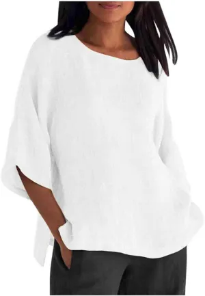 ZOCAVIA Women's Plus Size Casual Loose Cotton Linen 3/4 Sleeve Shirts Blouses 2024 Spring Summer Lightweight Solid Tunic Tops