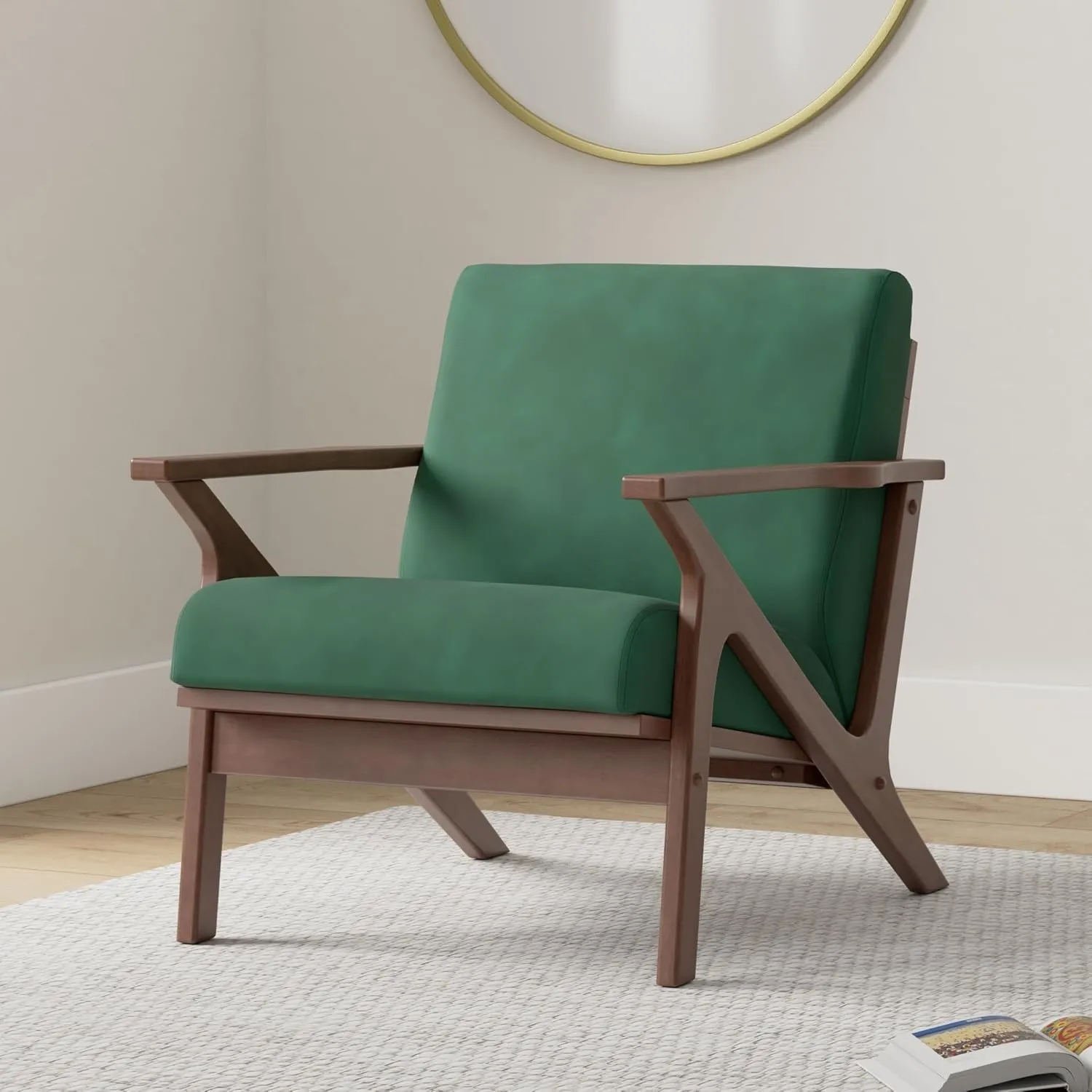 Zola Mid Century Modern Accent Chair Arm Chair, Living Room Furniture, (Green Velvet/Walnut)